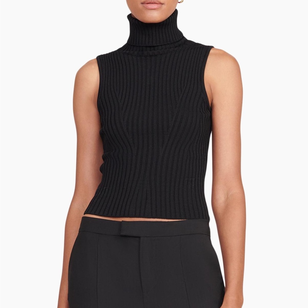 STAUD Black Ribbed Sleeveless Mock Neck Top